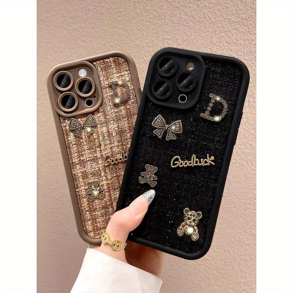 Compact Black Pouch for Iphone 15 Phone Case Featuring a Stereo Bear Design, Compatible with 14 Pro Max Soft Shell, Apple 13, Lanyard for Women, And 12 And 11 Models.